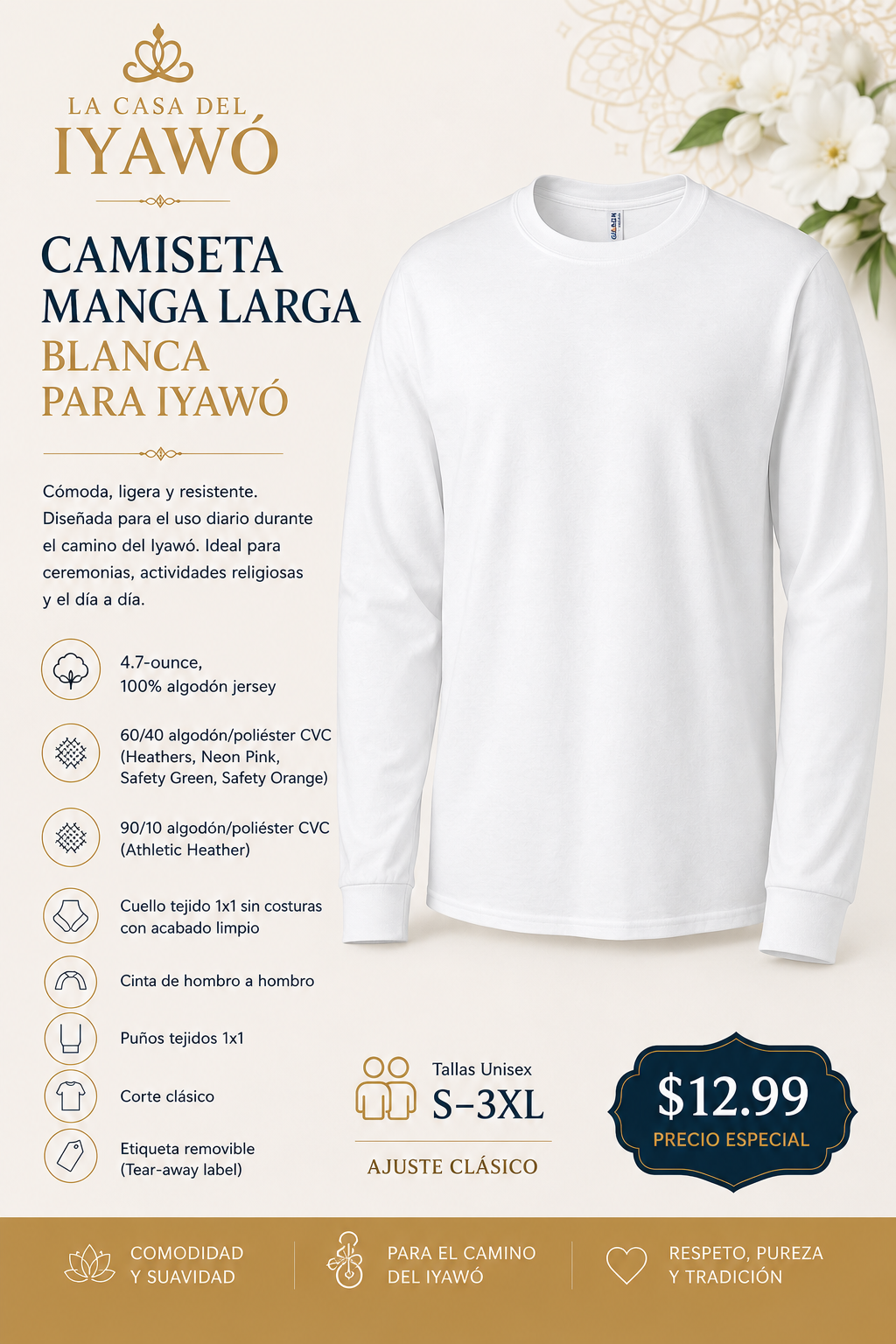 Camiseta Manga Larga Blanca para Iyawó