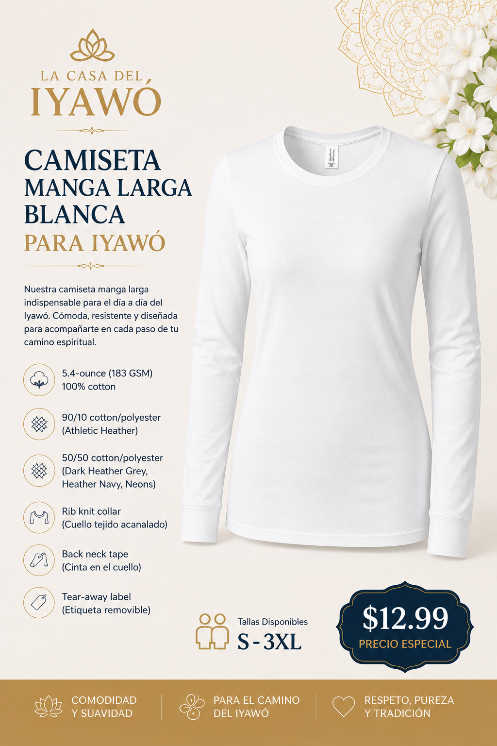 Camiseta Manga Larga Blanca para Iyawó (Mujer)